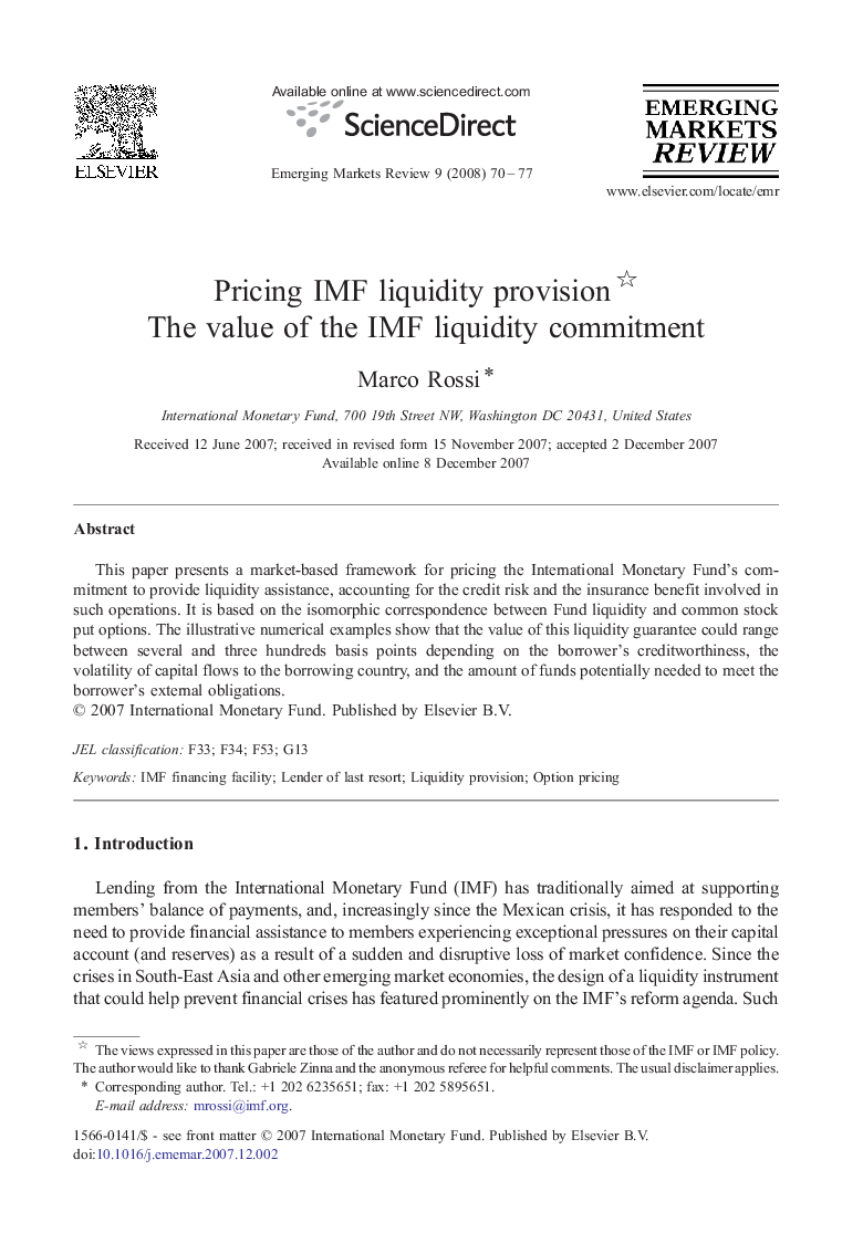 Pricing IMF liquidity provision: The value of the IMF liquidity commitment