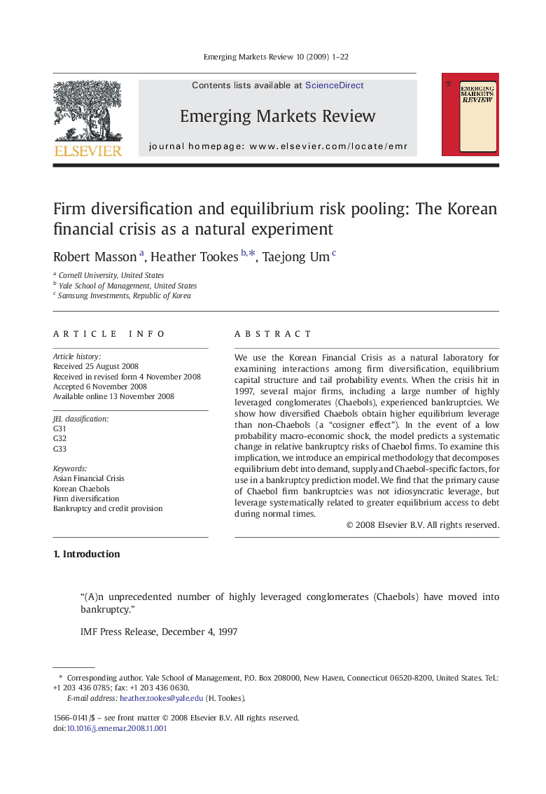 Firm diversification and equilibrium risk pooling: The Korean financial crisis as a natural experiment