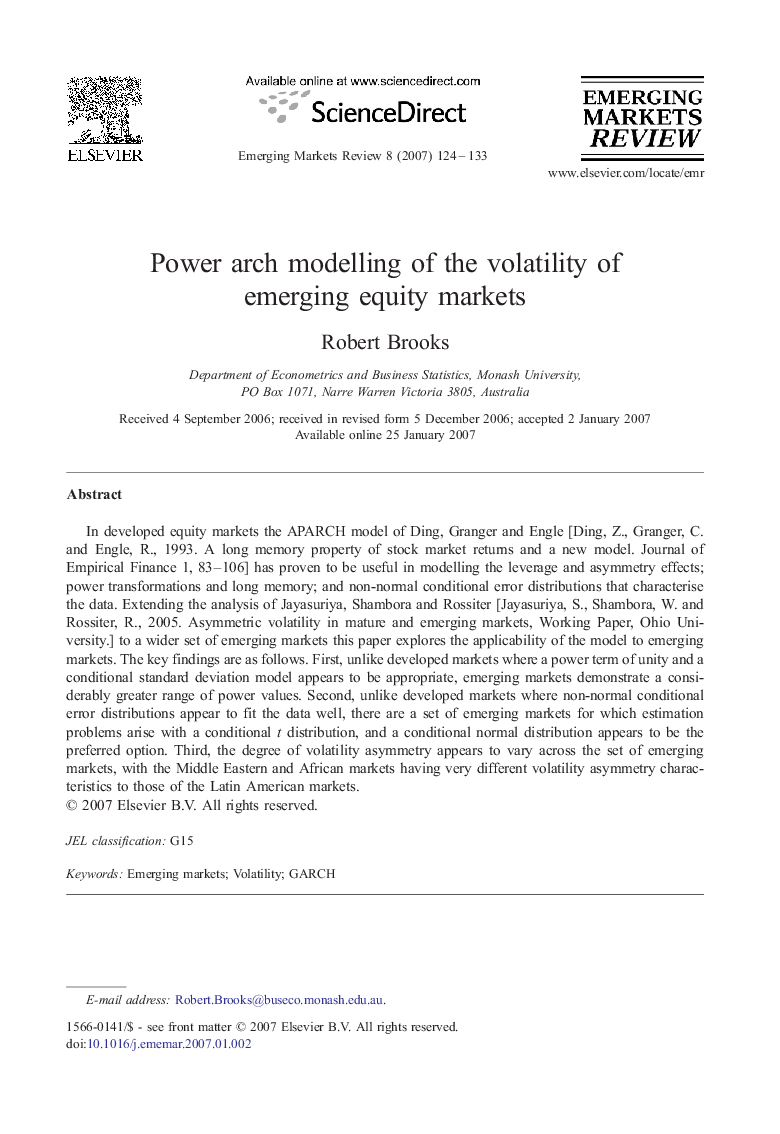 Power arch modelling of the volatility of emerging equity markets