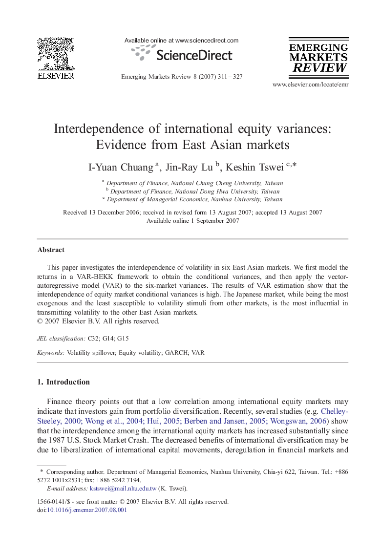 Interdependence of international equity variances: Evidence from East Asian markets