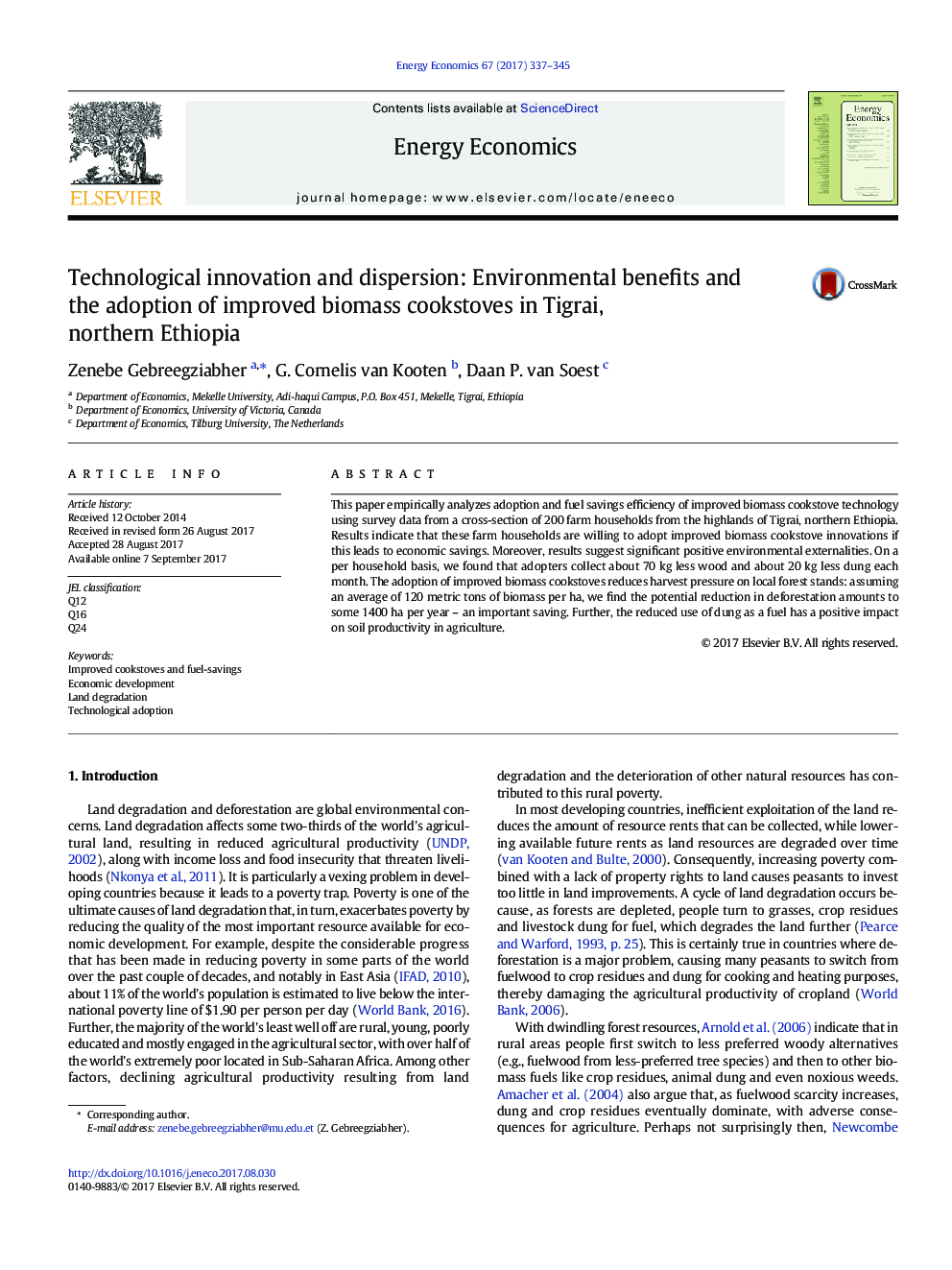 Technological innovation and dispersion: Environmental benefits and the adoption of improved biomass cookstoves in Tigrai, northern Ethiopia