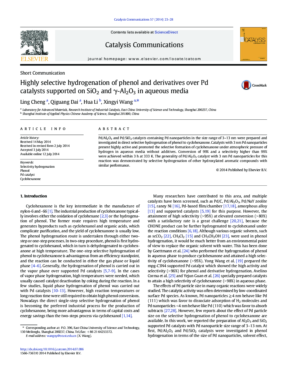 Highly selective hydrogenation of phenol and derivatives over Pd catalysts supported on SiO2 and γ-Al2O3 in aqueous media