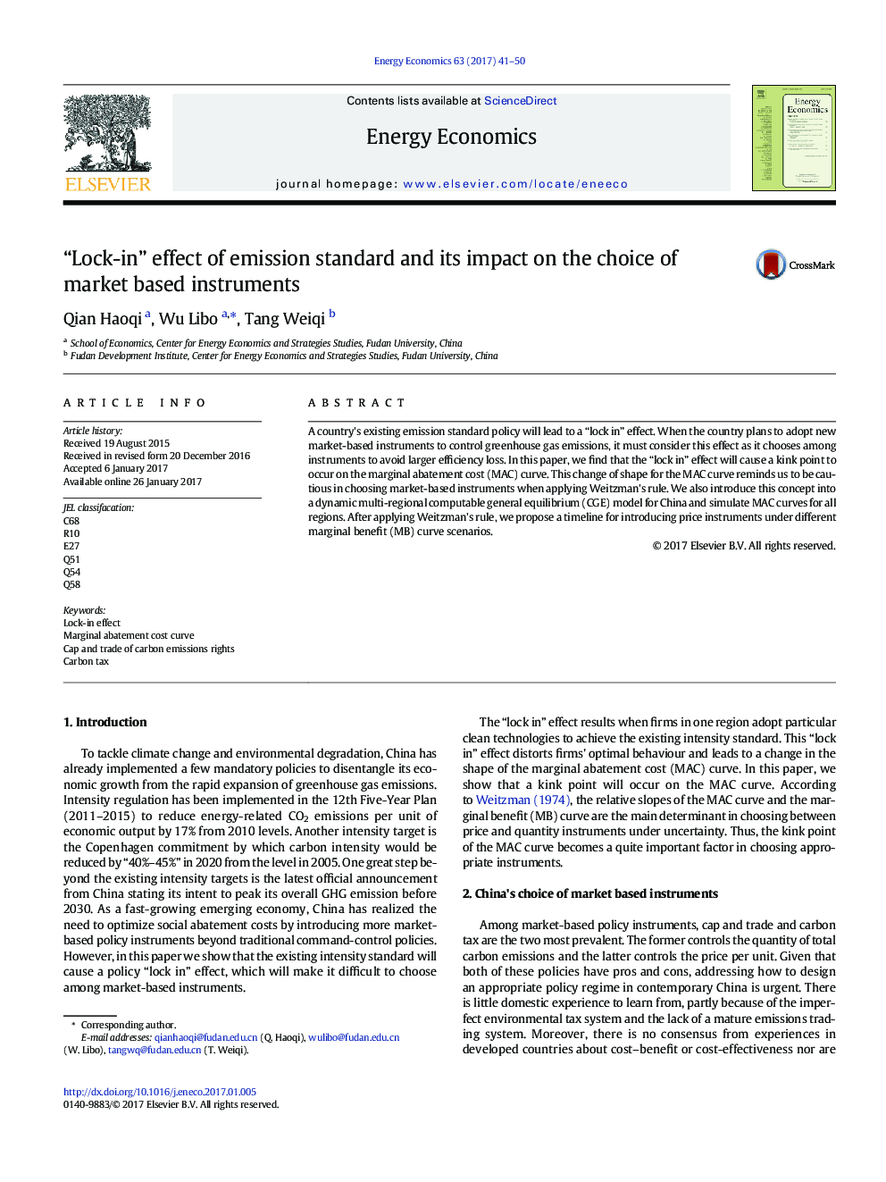 “Lock-in” effect of emission standard and its impact on the choice of market based instruments