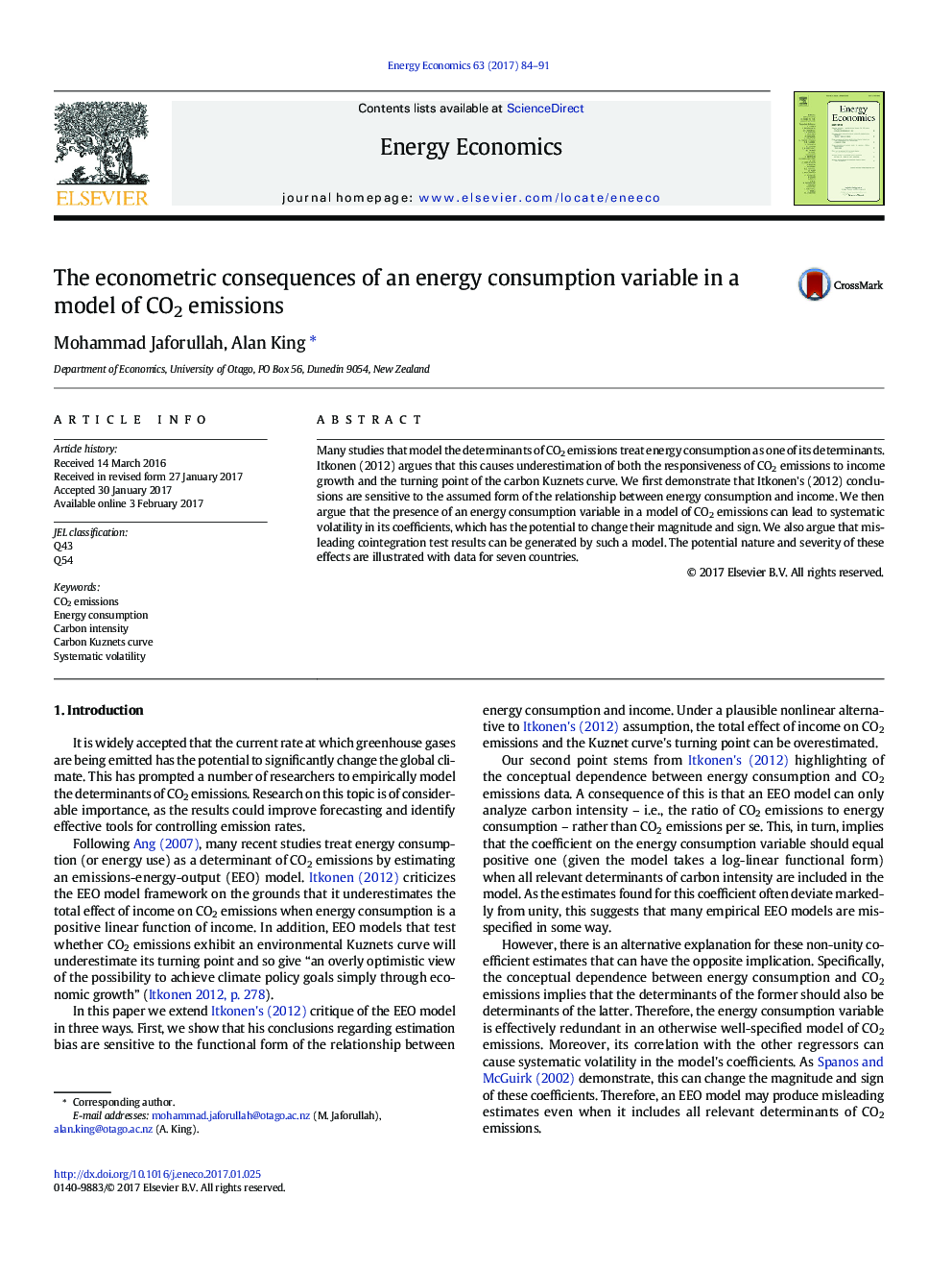 The econometric consequences of an energy consumption variable in a model of CO2 emissions