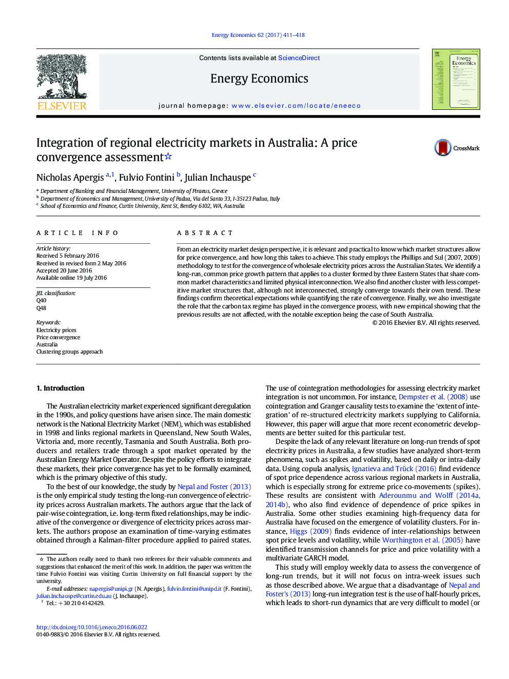 Integration of regional electricity markets in Australia: A price convergence assessment