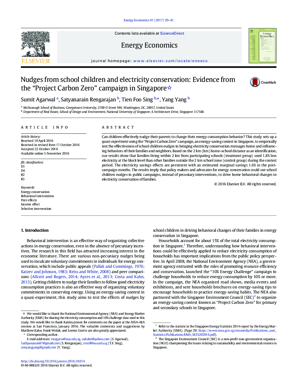 Nudges from school children and electricity conservation: Evidence from the “Project Carbon Zero” campaign in Singapore