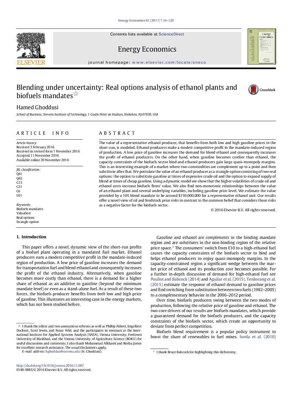 Blending under uncertainty: Real options analysis of ethanol plants and biofuelsÂ mandates*