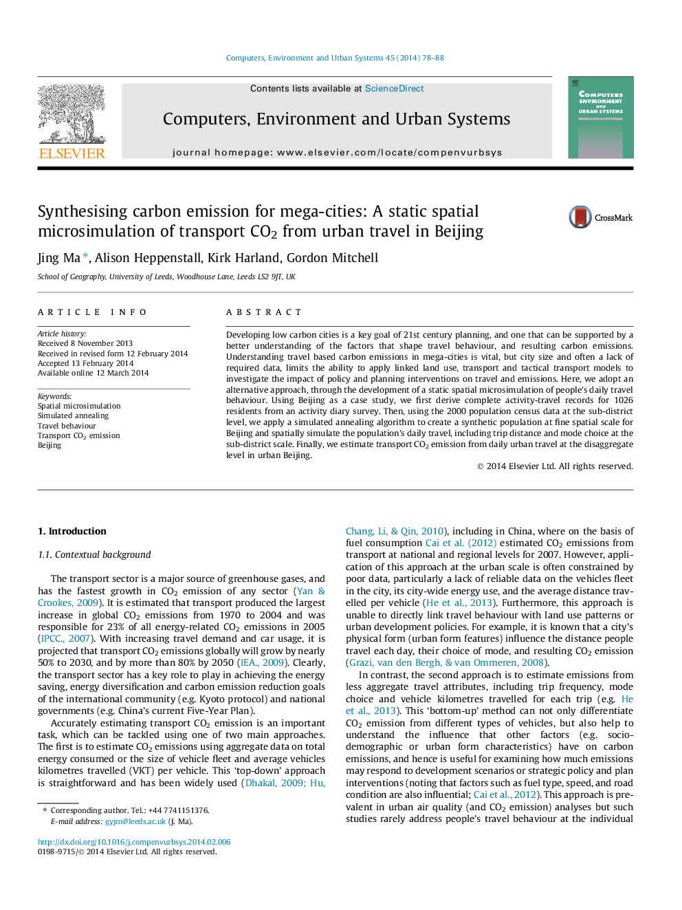 Synthesising carbon emission for mega-cities: A static spatial microsimulation of transport CO2 from urban travel in Beijing