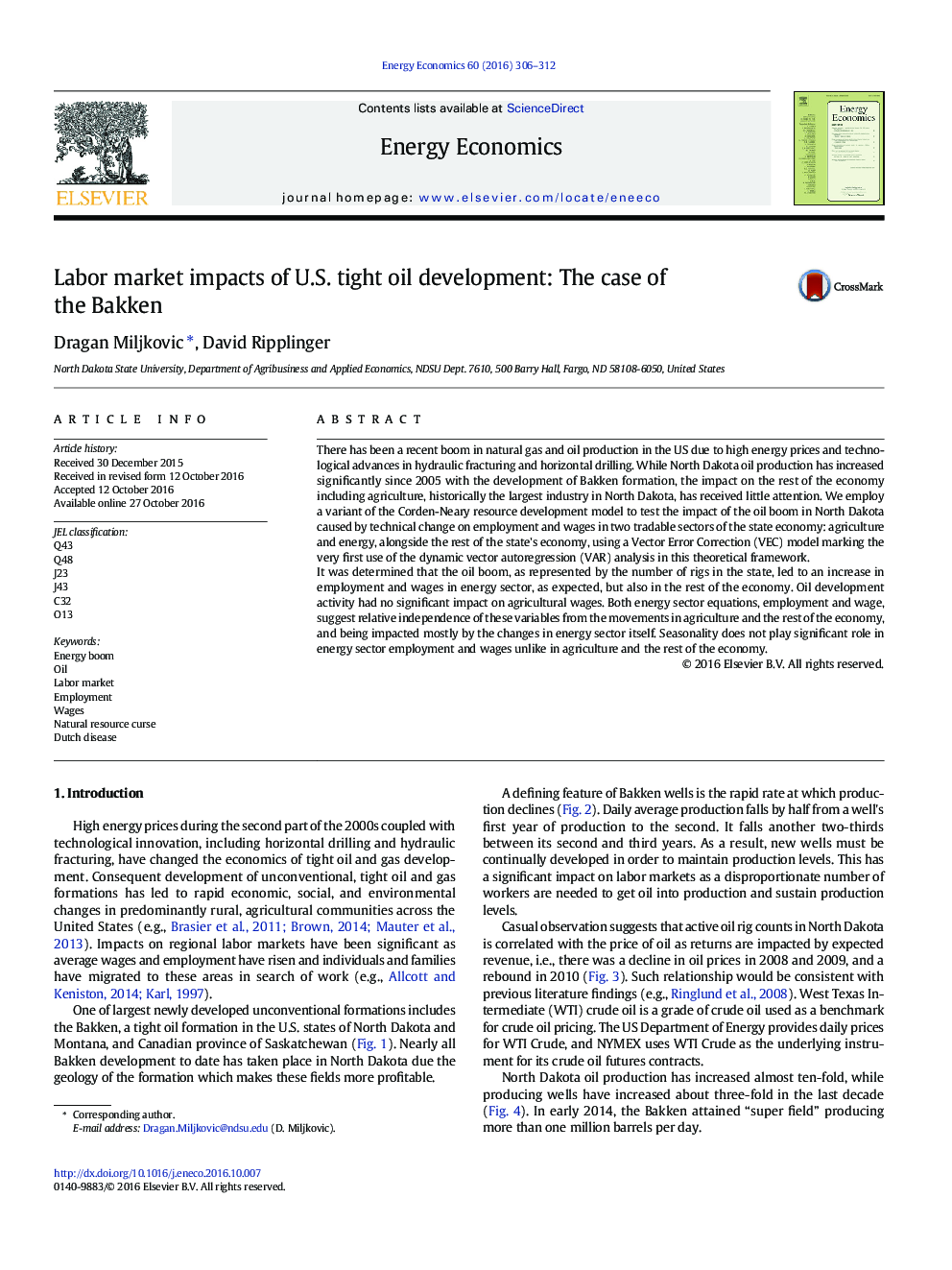 Labor market impacts of U.S. tight oil development: The case of the Bakken