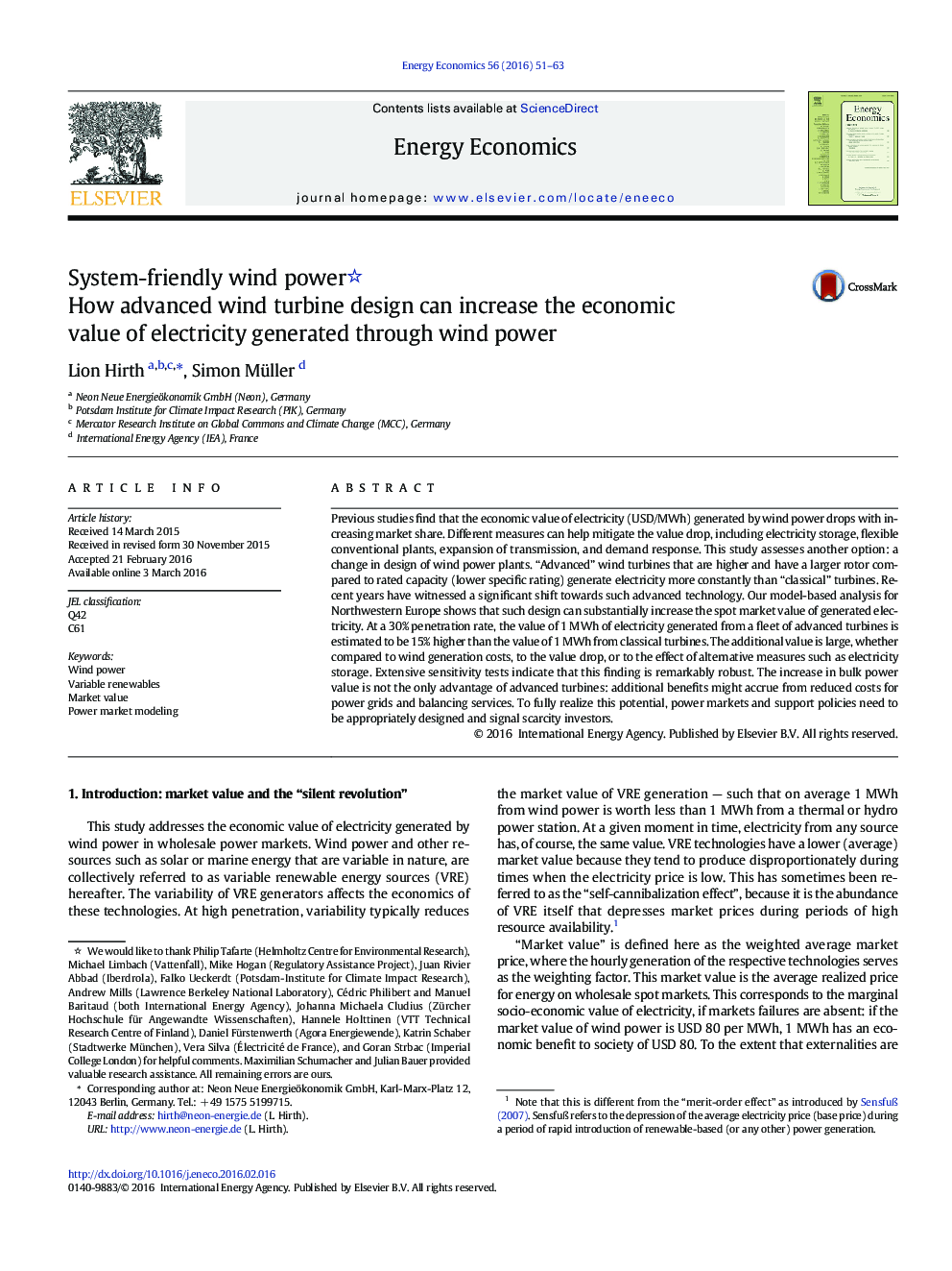 System-friendly wind power: How advanced wind turbine design can increase the economic value of electricity generated through wind power