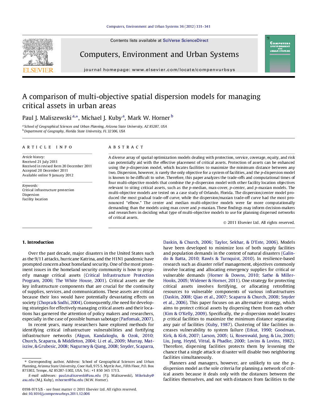 A comparison of multi-objective spatial dispersion models for managing critical assets in urban areas