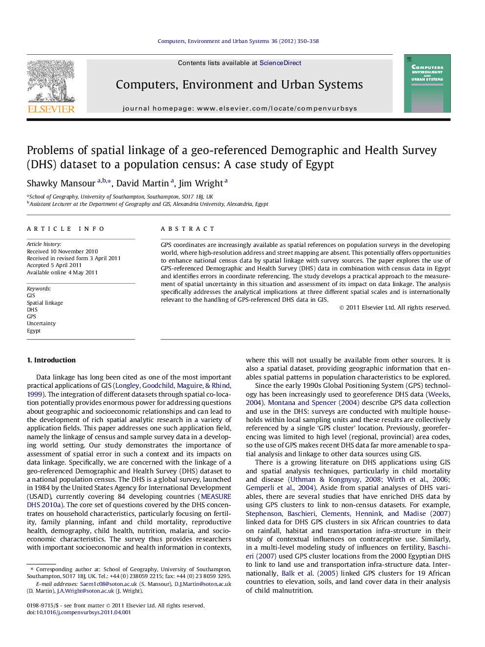 عکس صفحه اول مقاله: Problems of spatial linkage of a geo-referenced Demographic and Health Survey (DHS) dataset to a population census: A case study of Egypt Problems of spatial linkage of a geo-referenced Demographic and Health Survey (DHS) dataset to a population census: A case study of Egypt