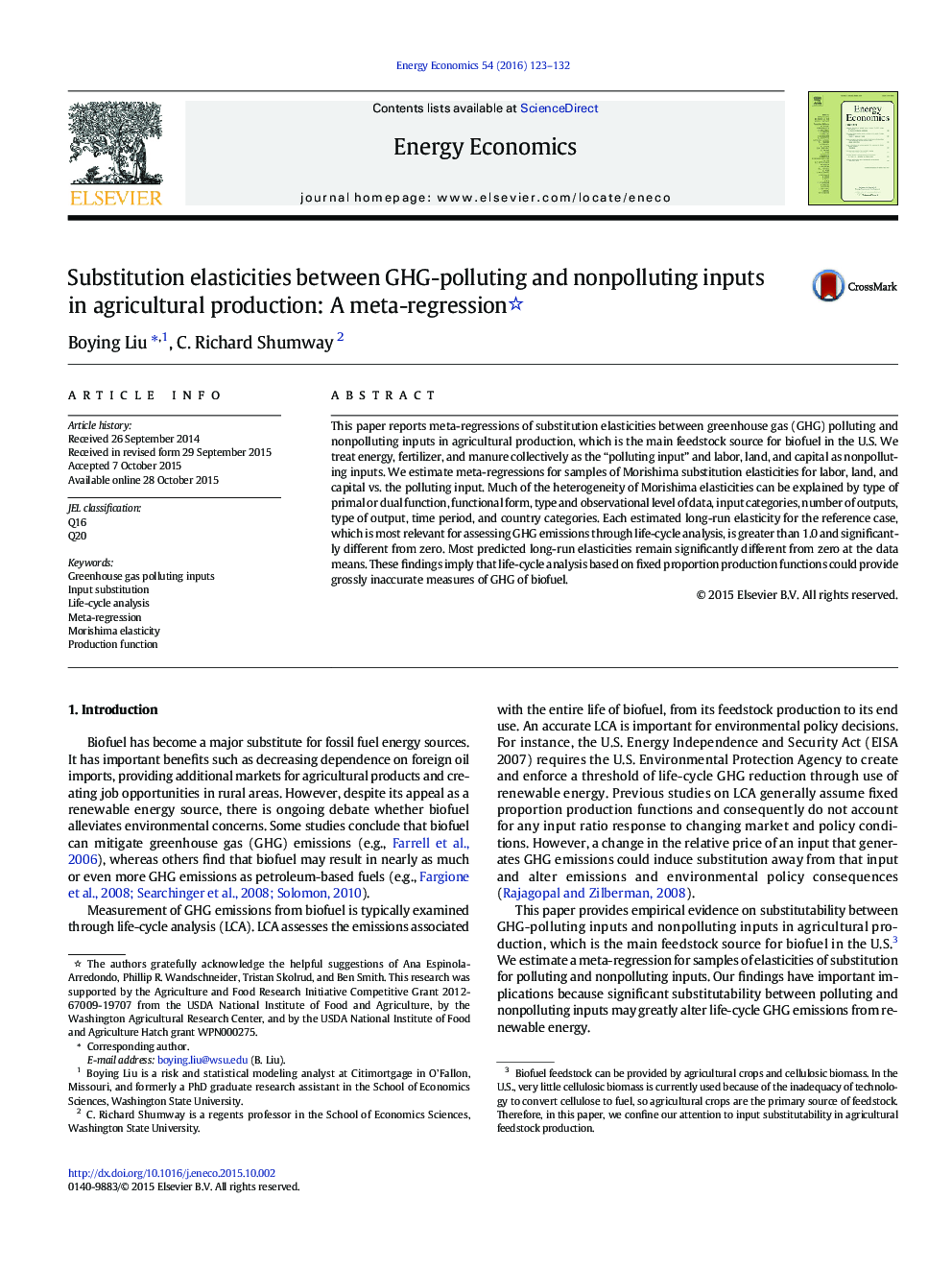 عکس صفحه اول مقاله: Substitution elasticities between GHG-polluting and nonpolluting inputs in agricultural production: A meta-regression Substitution elasticities between GHG-polluting and nonpolluting inputs in agricultural production: A meta-regression