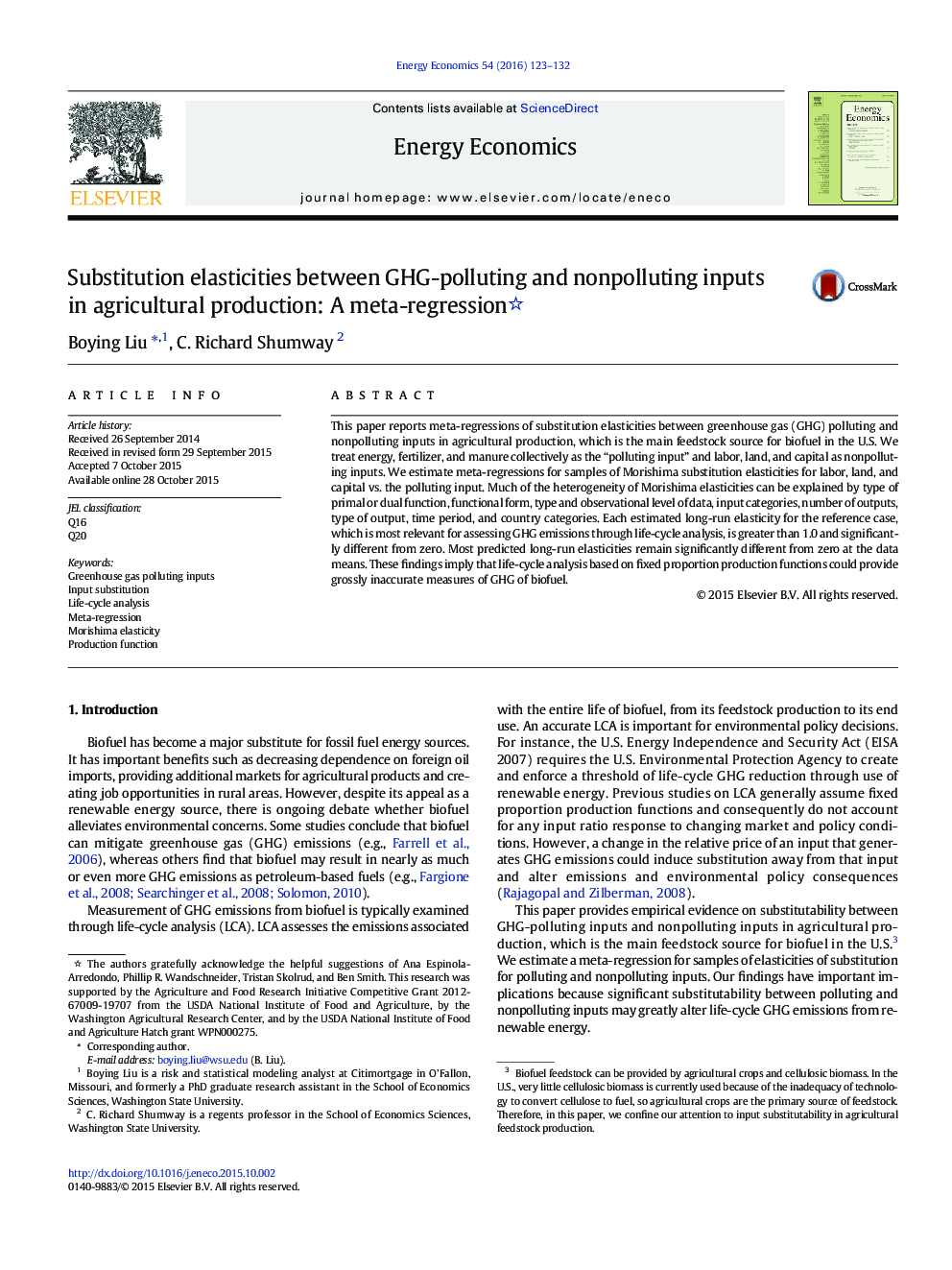 Substitution elasticities between GHG-polluting and nonpolluting inputs in agricultural production: A meta-regression