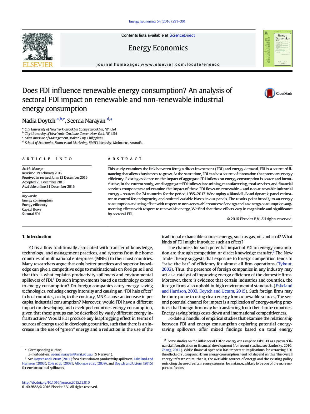 Does FDI influence renewable energy consumption? An analysis of sectoral FDI impact on renewable and non-renewable industrial energy consumption