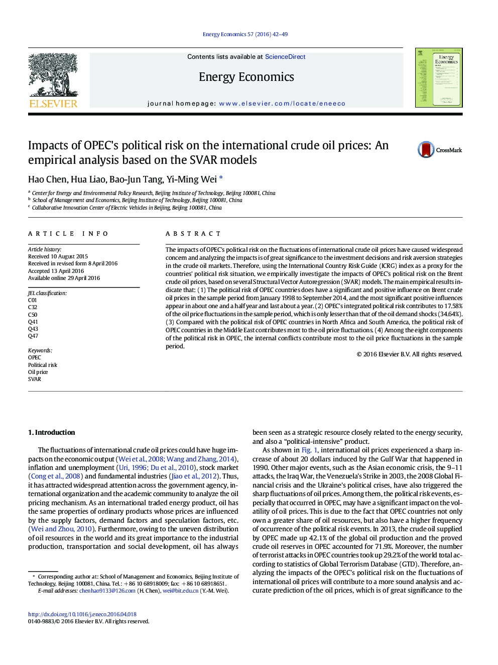 Impacts of OPEC's political risk on the international crude oil prices: An empirical analysis based on the SVAR models