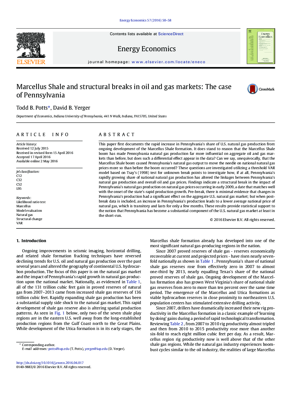 Marcellus Shale and structural breaks in oil and gas markets: The case ofÂ Pennsylvania