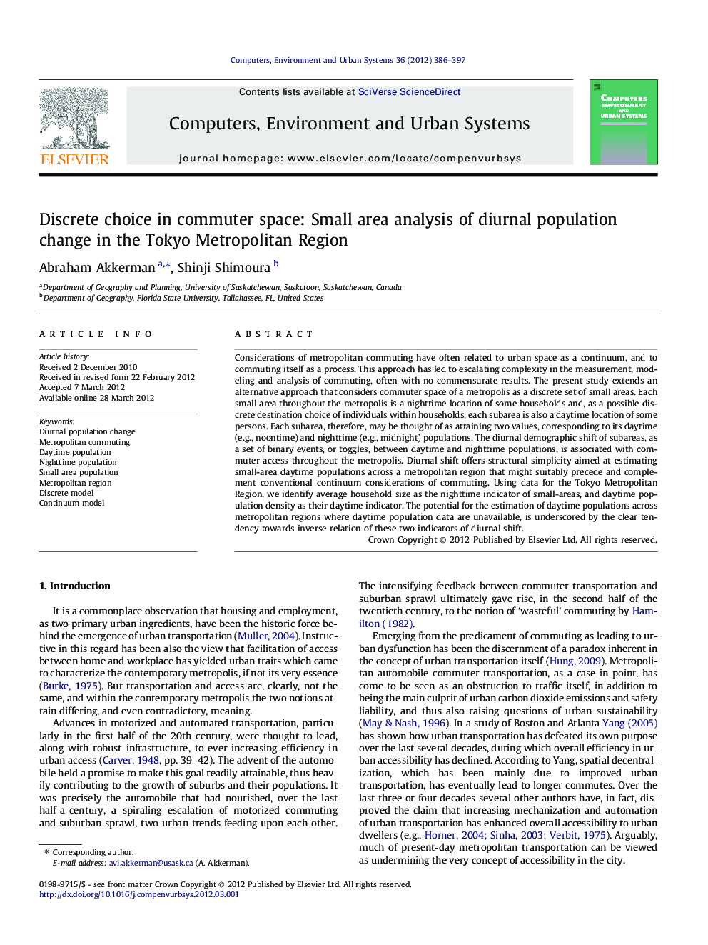 Discrete choice in commuter space: Small area analysis of diurnal population change in the Tokyo Metropolitan Region