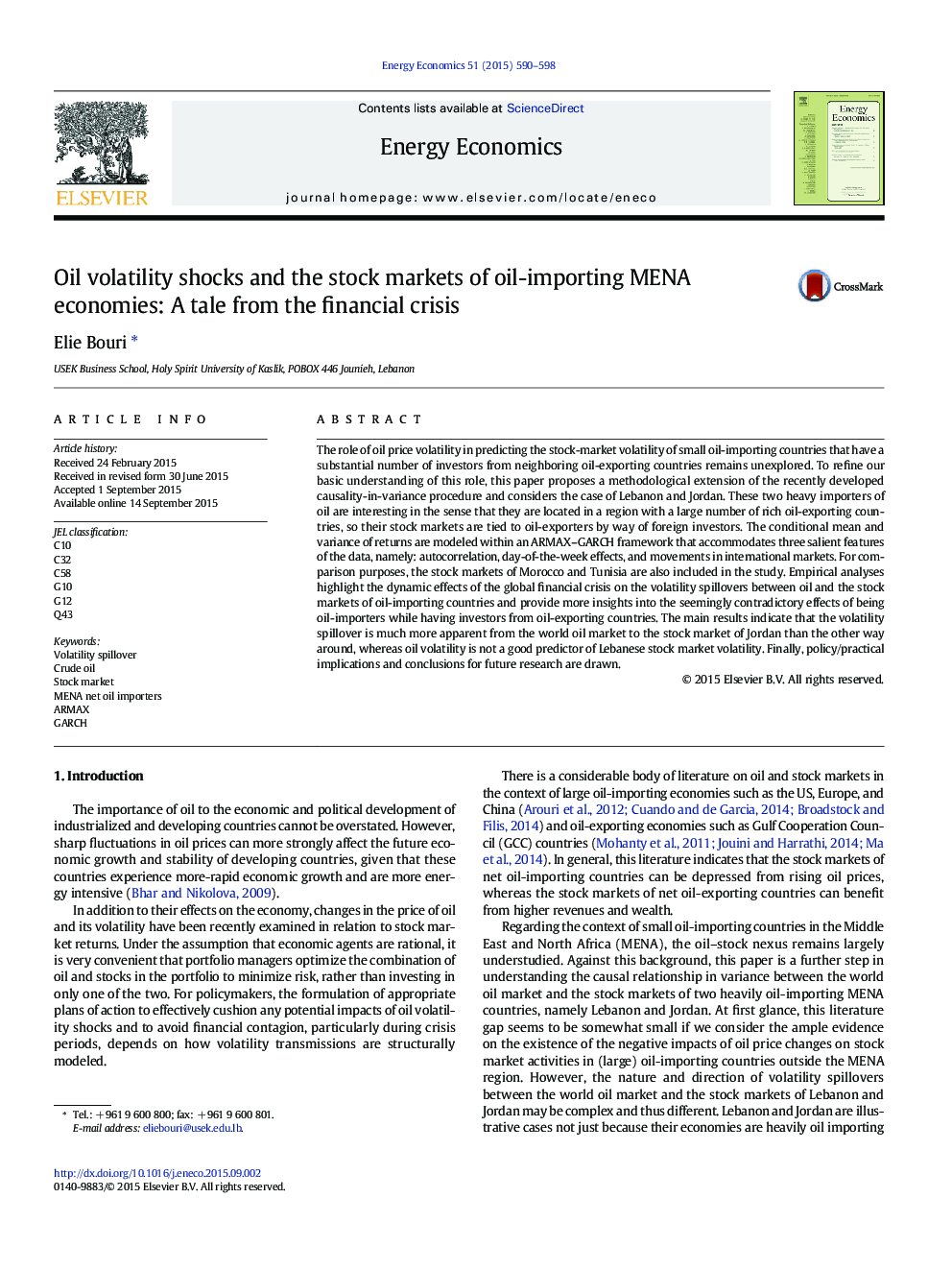 Oil volatility shocks and the stock markets of oil-importing MENA economies: A tale from the financial crisis