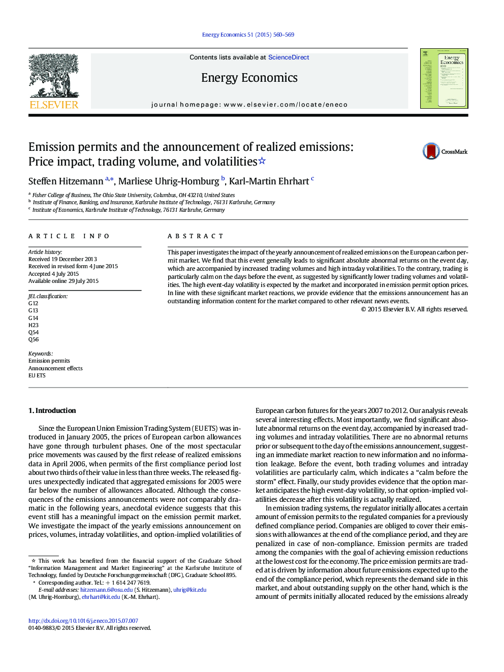 Emission permits and the announcement of realized emissions: Price impact, trading volume, and volatilities