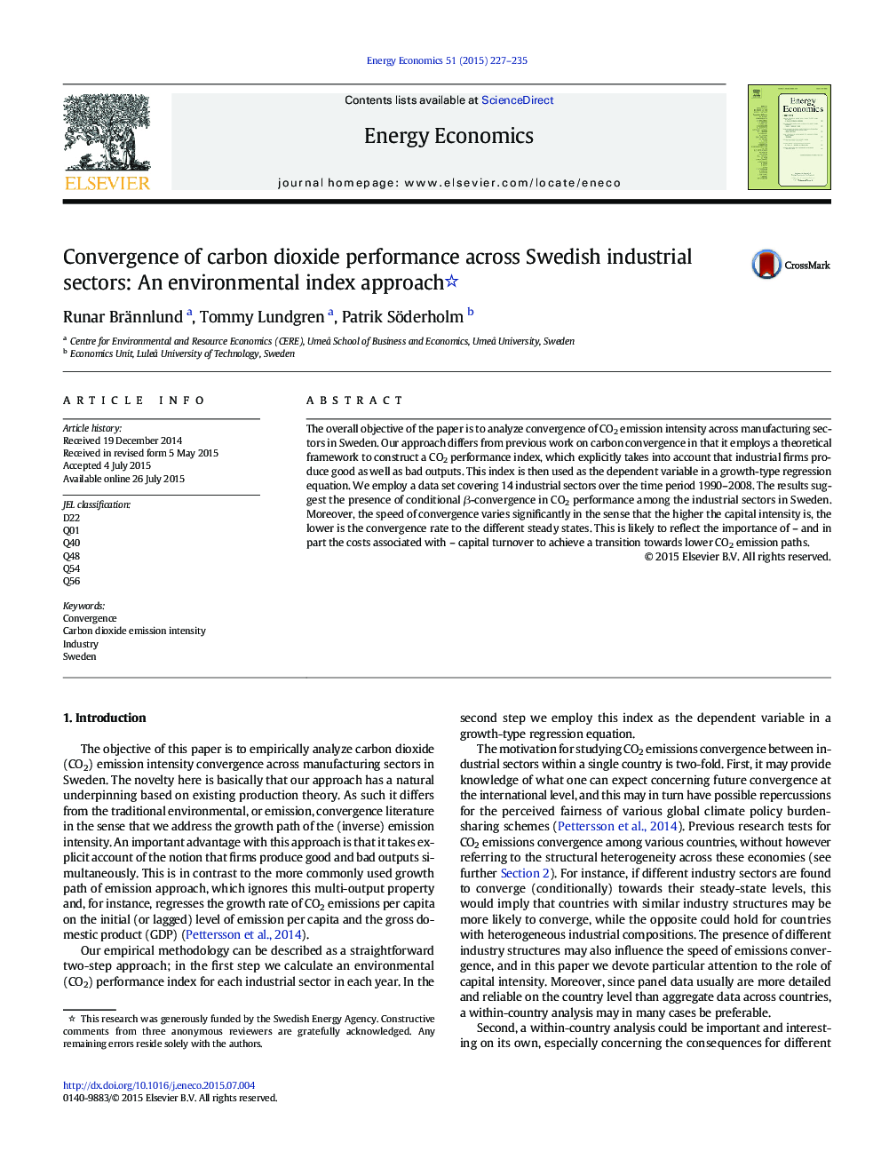 Convergence of carbon dioxide performance across Swedish industrial sectors: An environmental index approach