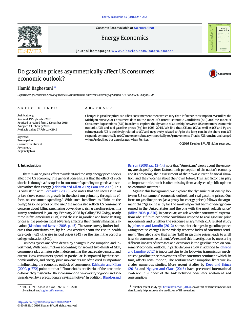 عکس صفحه اول مقاله: Do gasoline prices asymmetrically affect US consumers' economic outlook? Do gasoline prices asymmetrically affect US consumers' economic outlook?