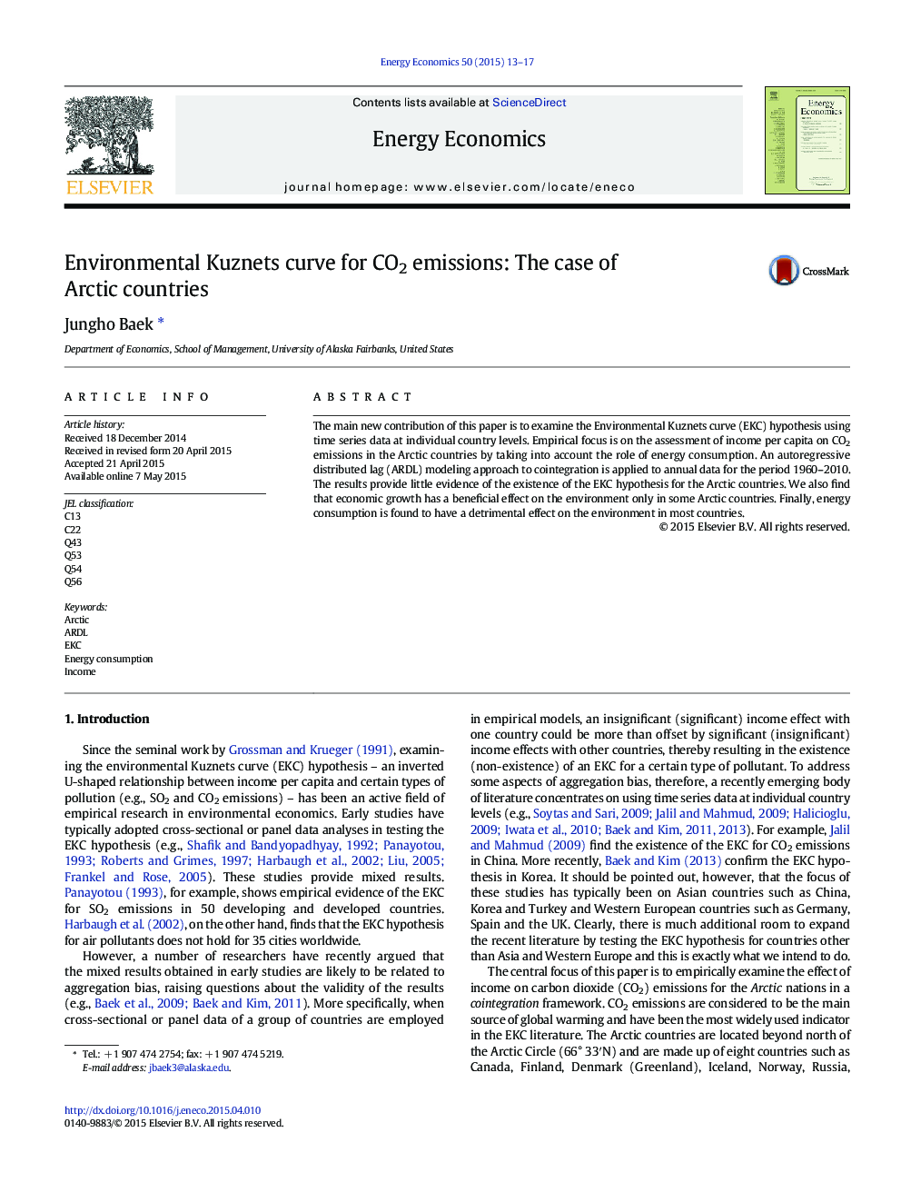 Environmental Kuznets curve for CO2 emissions: The case of Arctic countries