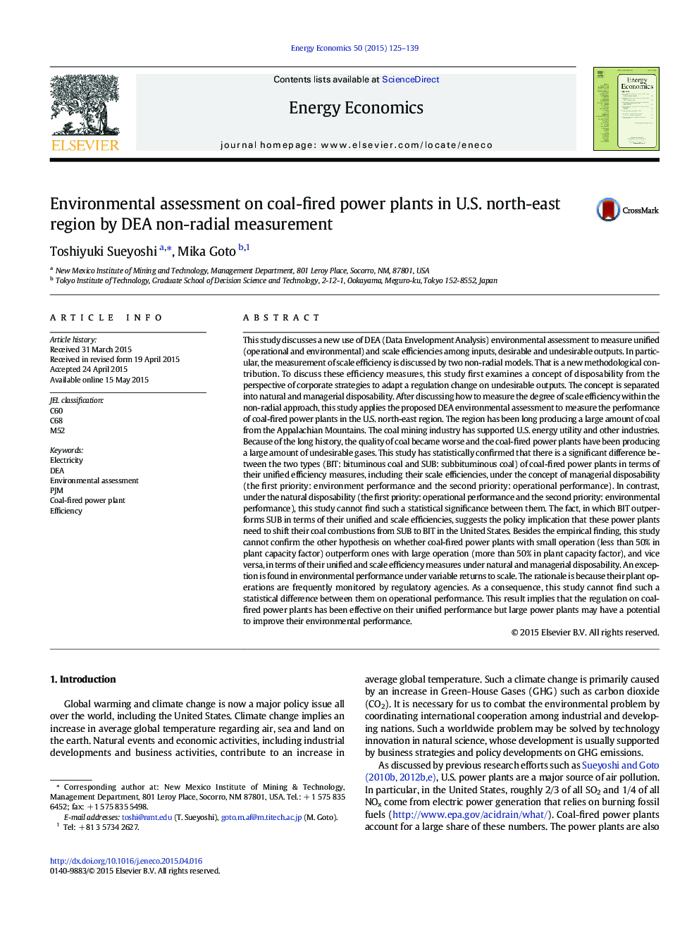 Environmental assessment on coal-fired power plants in U.S. north-east region by DEA non-radial measurement