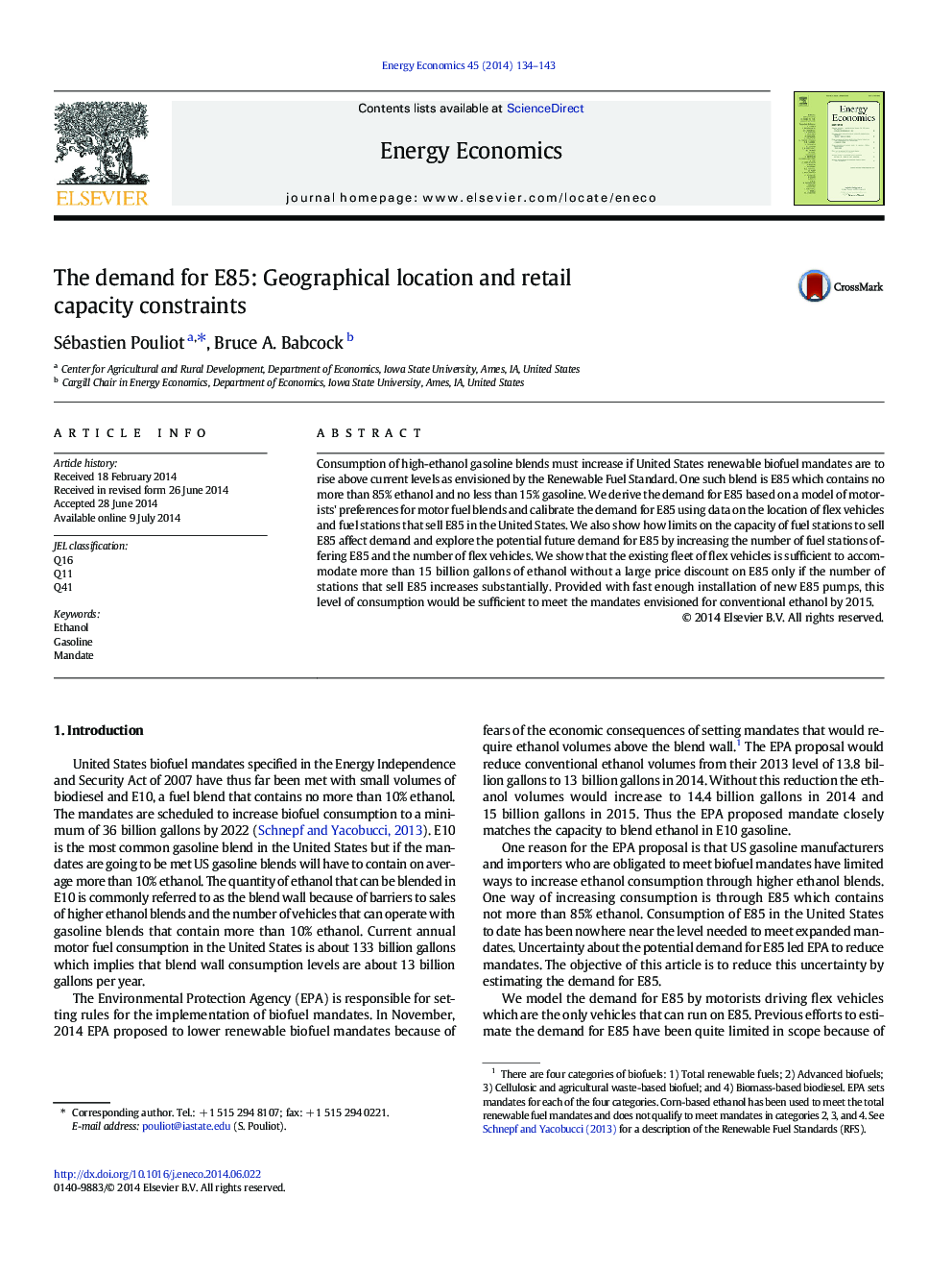 The demand for E85: Geographical location and retail capacity constraints