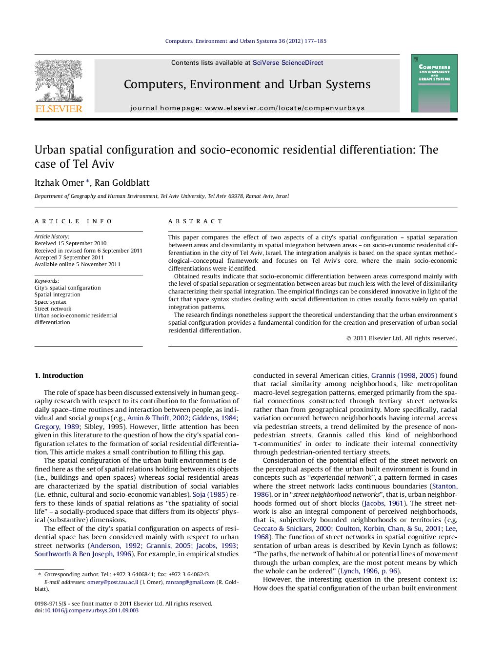 Urban spatial configuration and socio-economic residential differentiation: The case of Tel Aviv