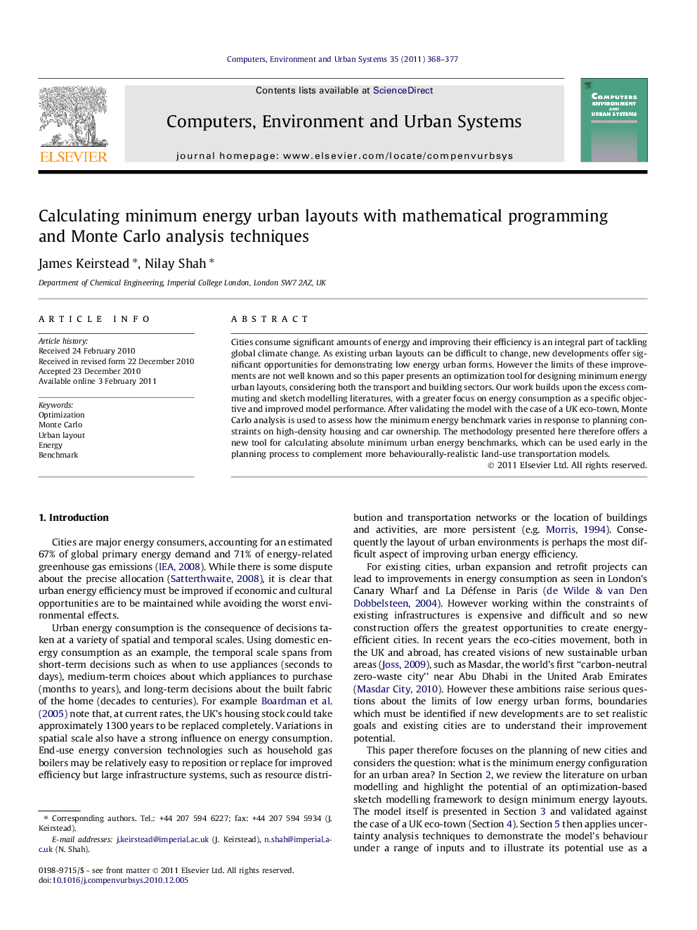 Calculating minimum energy urban layouts with mathematical programming and Monte Carlo analysis techniques