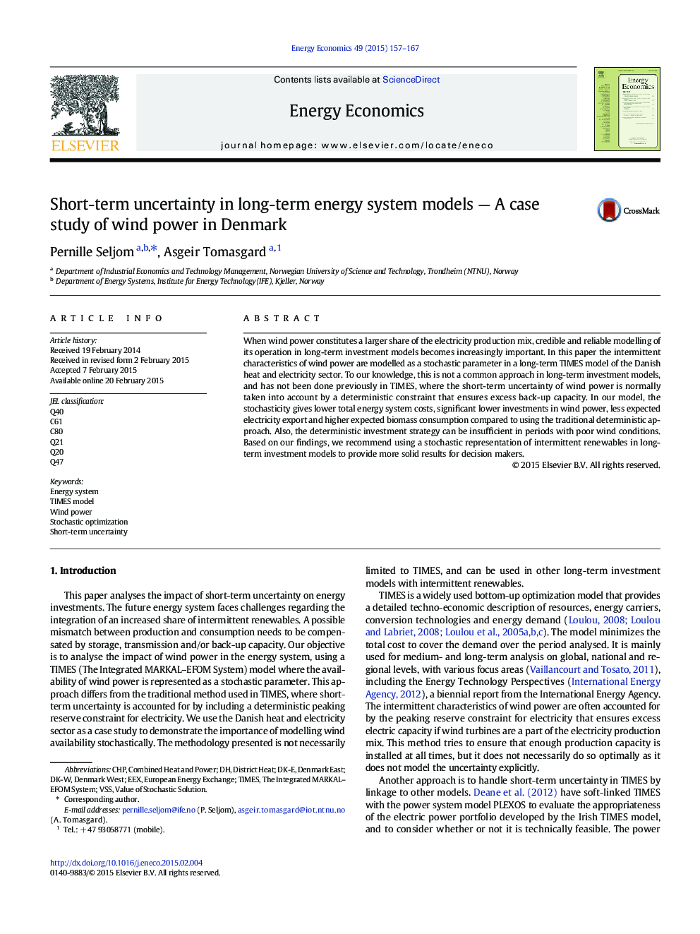 Short-term uncertainty in long-term energy system models - A case study of wind power in Denmark