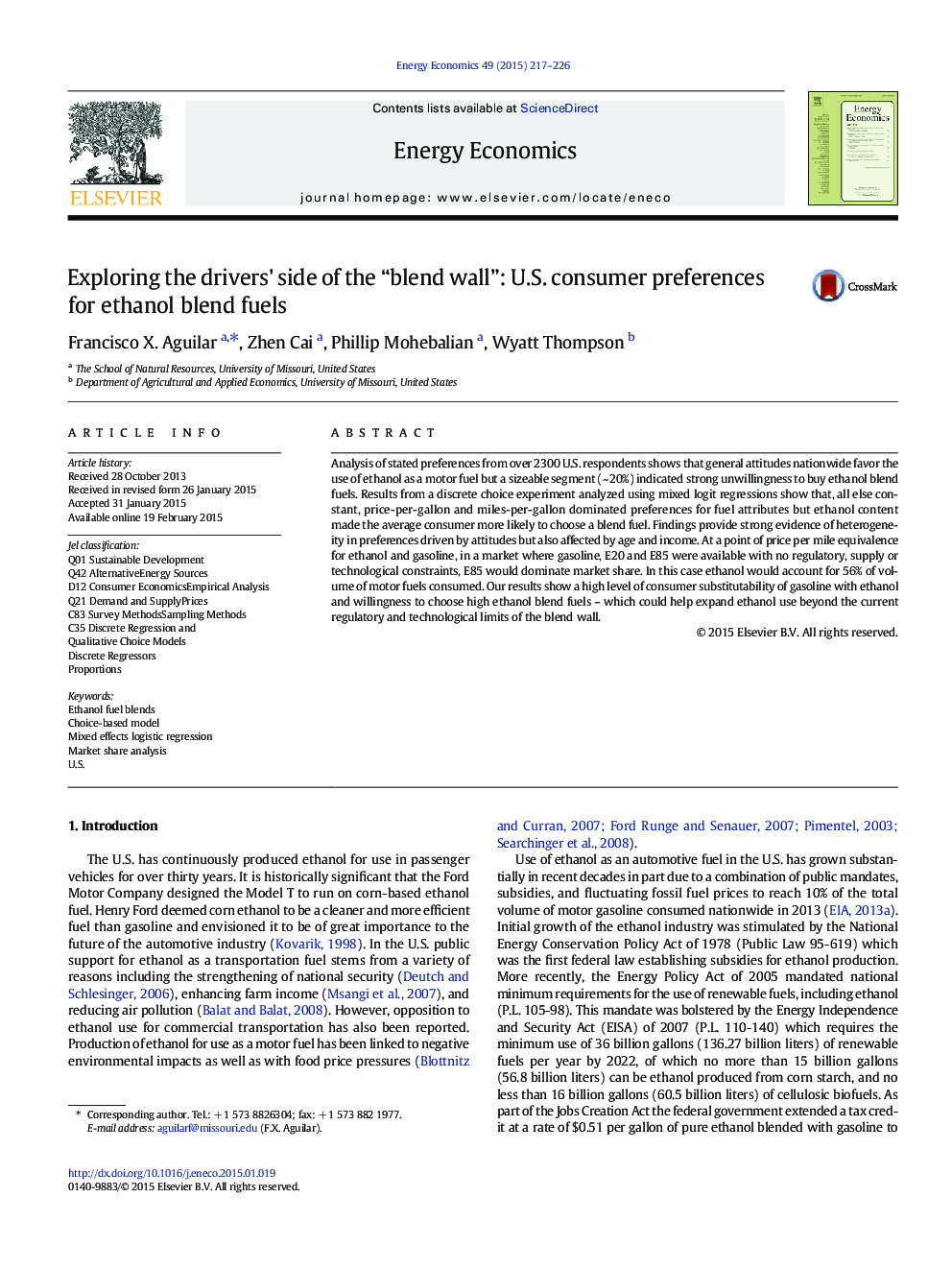 عکس صفحه اول مقاله: Exploring the drivers' side of the “blend wall”: U.S. consumer preferences for ethanol blend fuels Exploring the drivers' side of the “blend wall”: U.S. consumer preferences for ethanol blend fuels