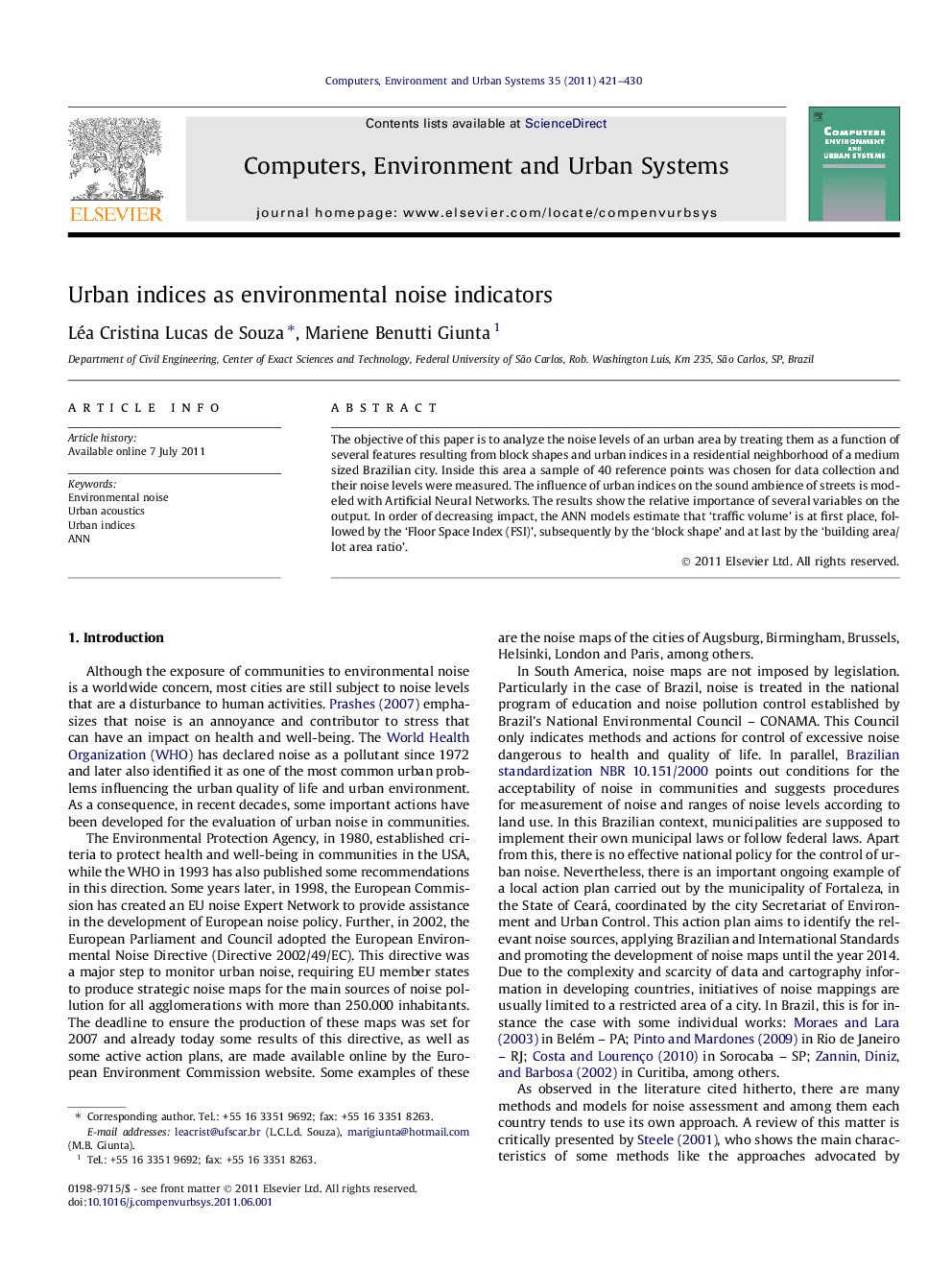 Urban indices as environmental noise indicators