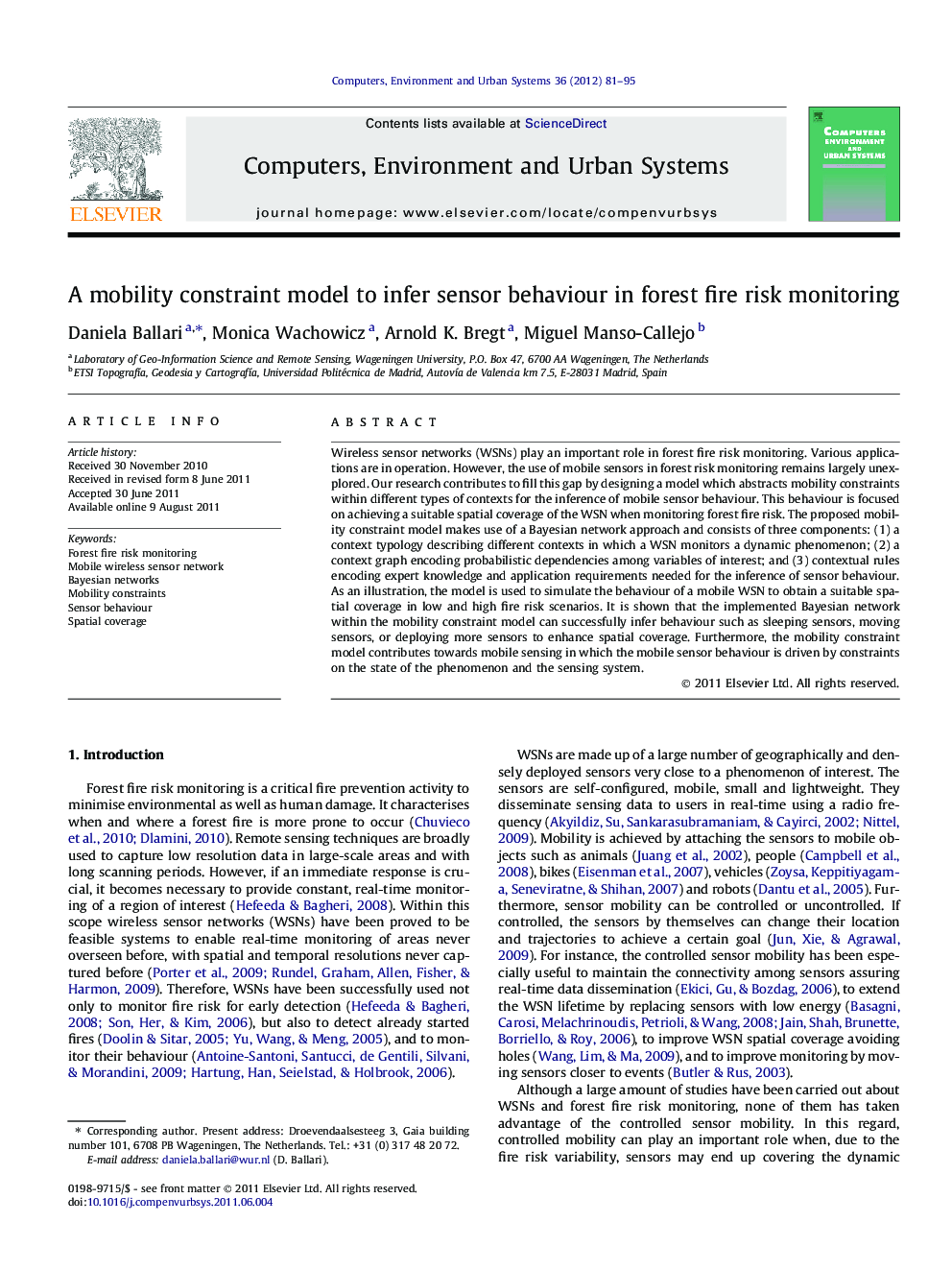 A mobility constraint model to infer sensor behaviour in forest fire risk monitoring