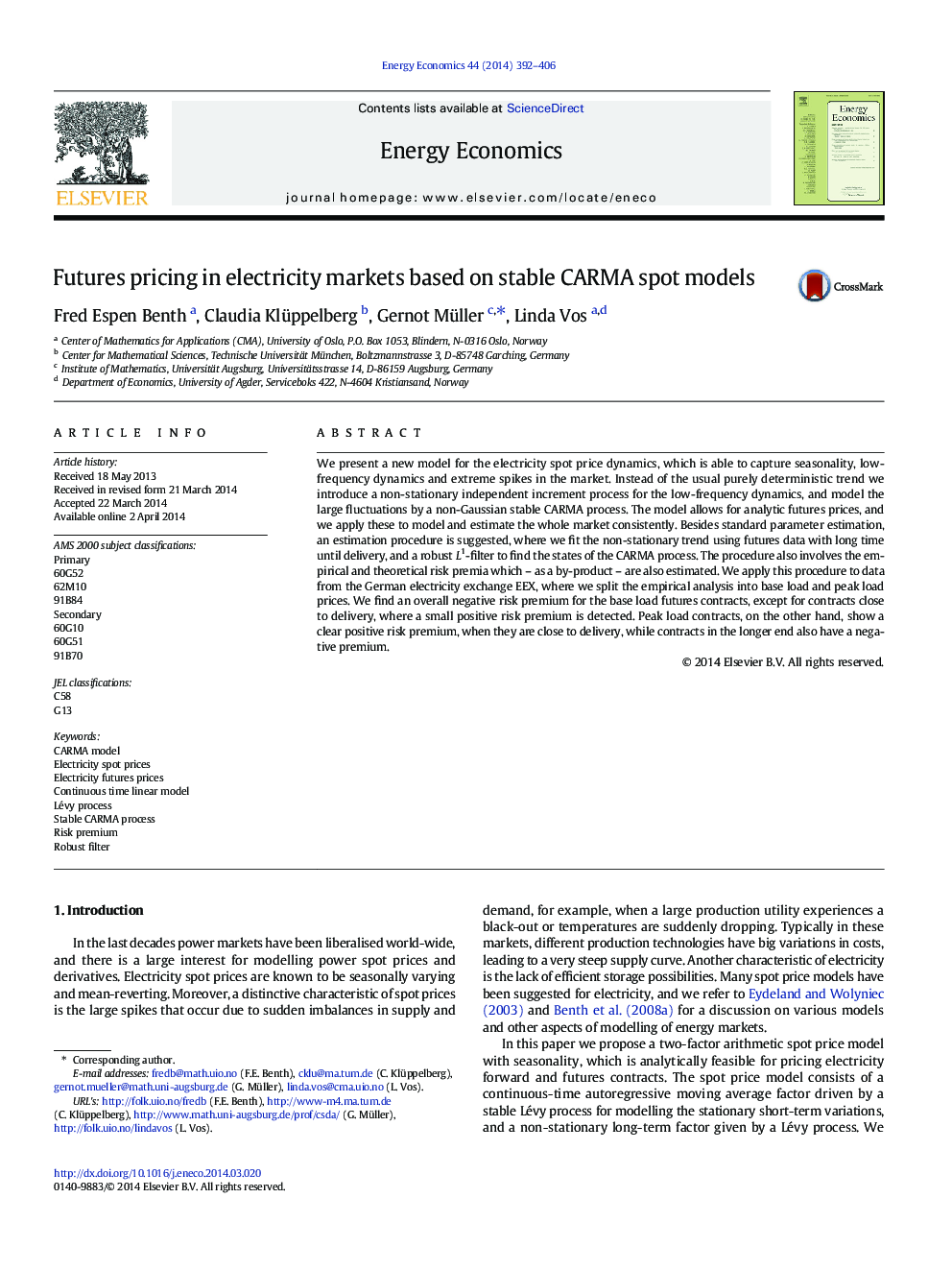 Futures pricing in electricity markets based on stable CARMA spot models