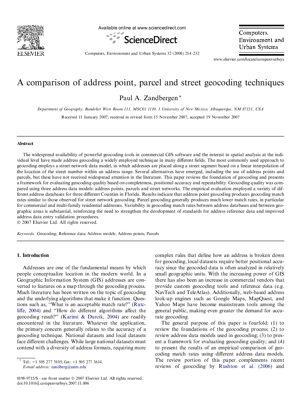 A comparison of address point, parcel and street geocoding techniques