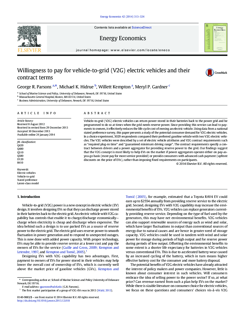 Willingness to pay for vehicle-to-grid (V2G) electric vehicles and their contract terms