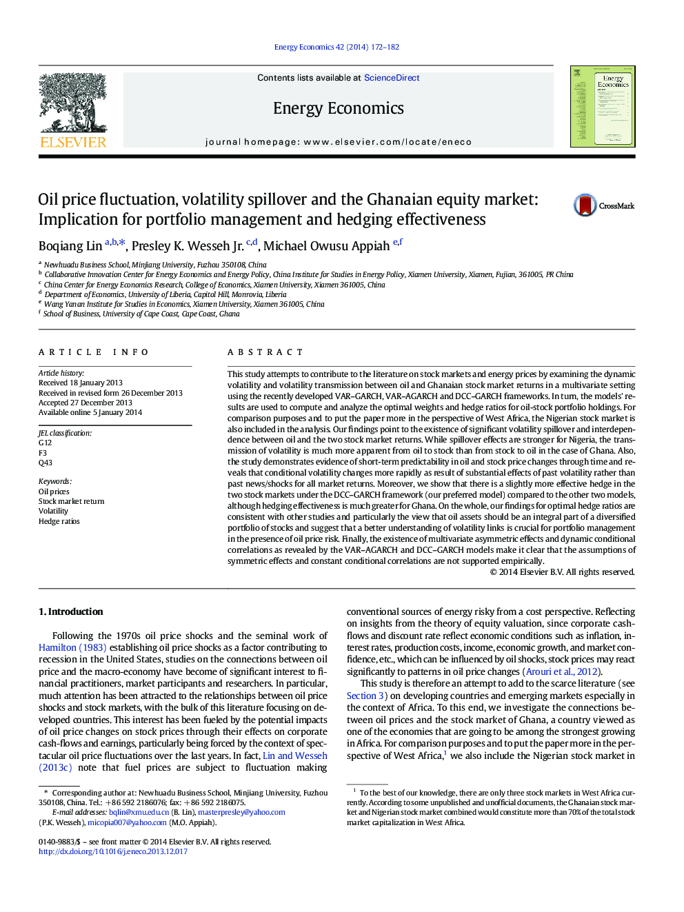 Oil price fluctuation, volatility spillover and the Ghanaian equity market: Implication for portfolio management and hedging effectiveness