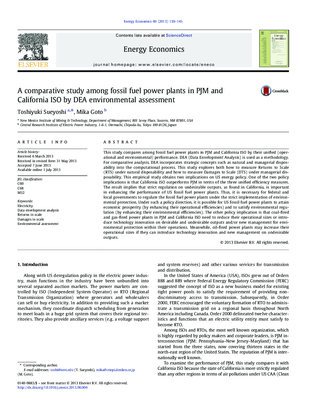 A comparative study among fossil fuel power plants in PJM and California ISO by DEA environmental assessment