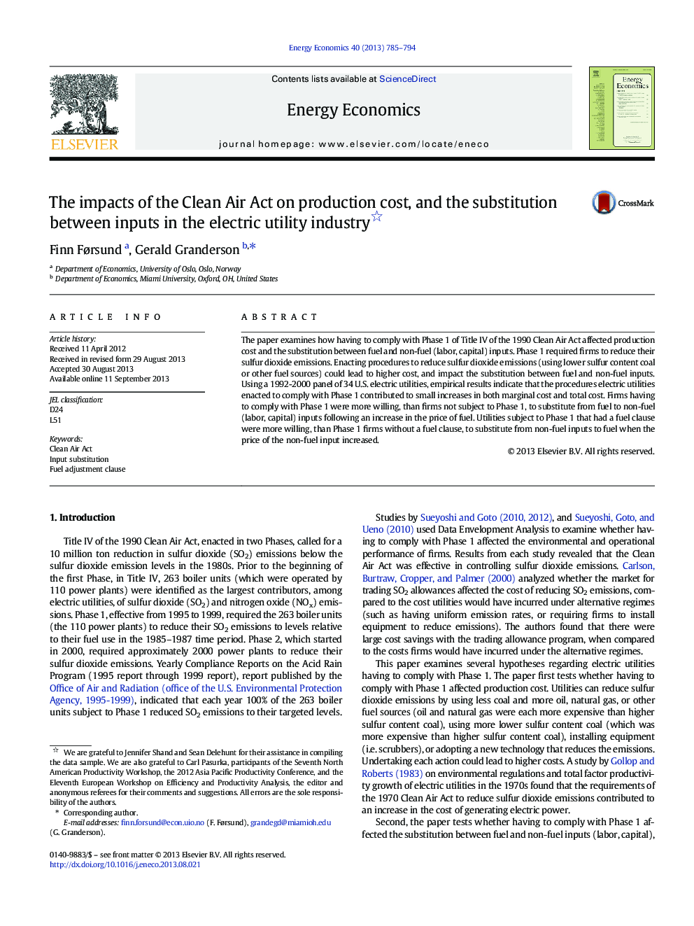 The impacts of the Clean Air Act on production cost, and the substitution between inputs in the electric utility industry