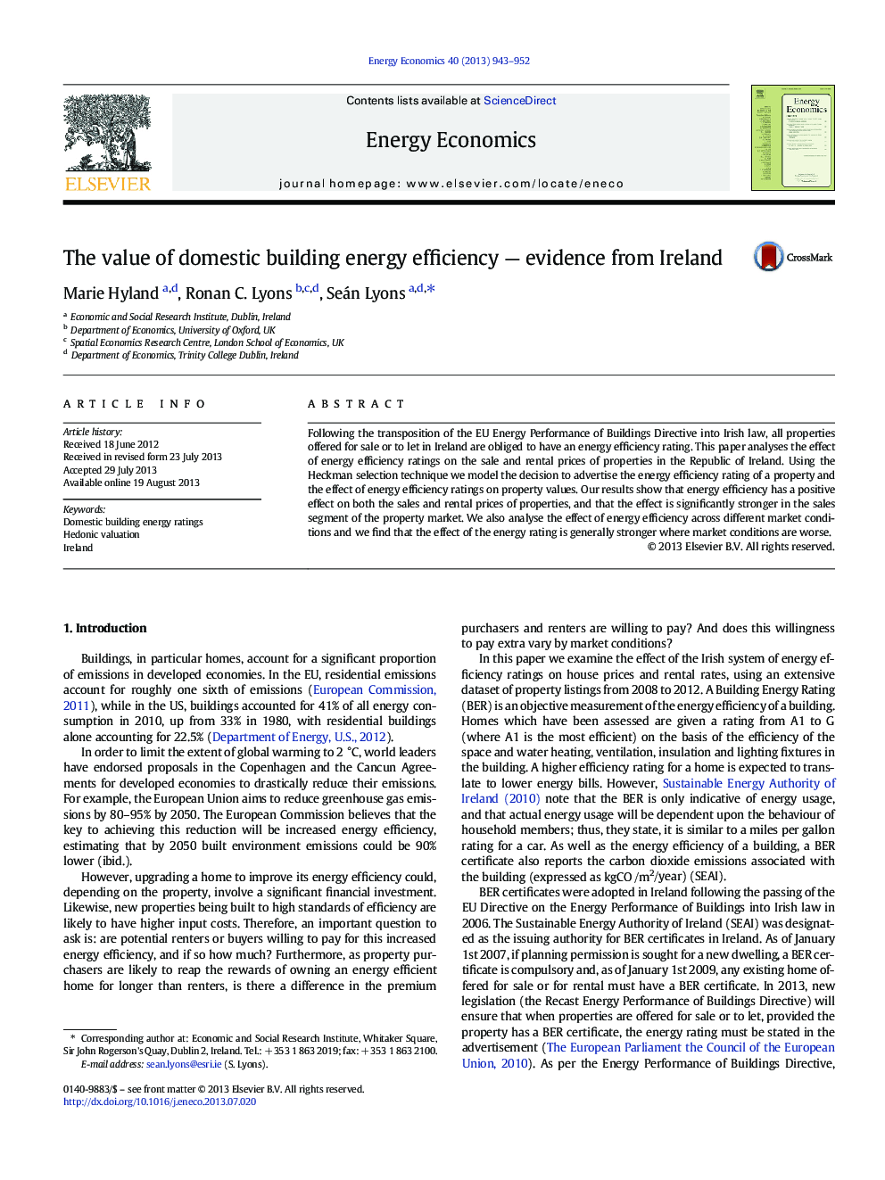 The value of domestic building energy efficiency - evidence from Ireland