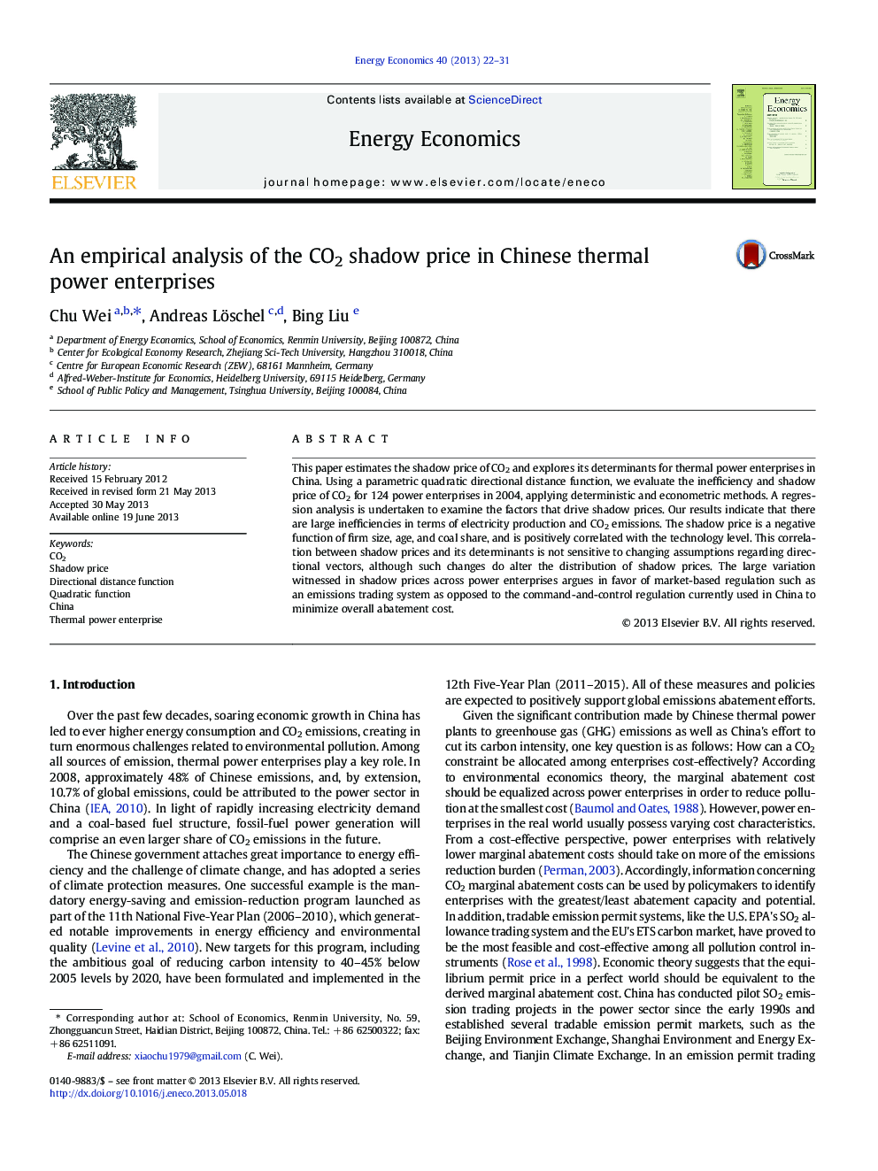 An empirical analysis of the CO2 shadow price in Chinese thermal power enterprises