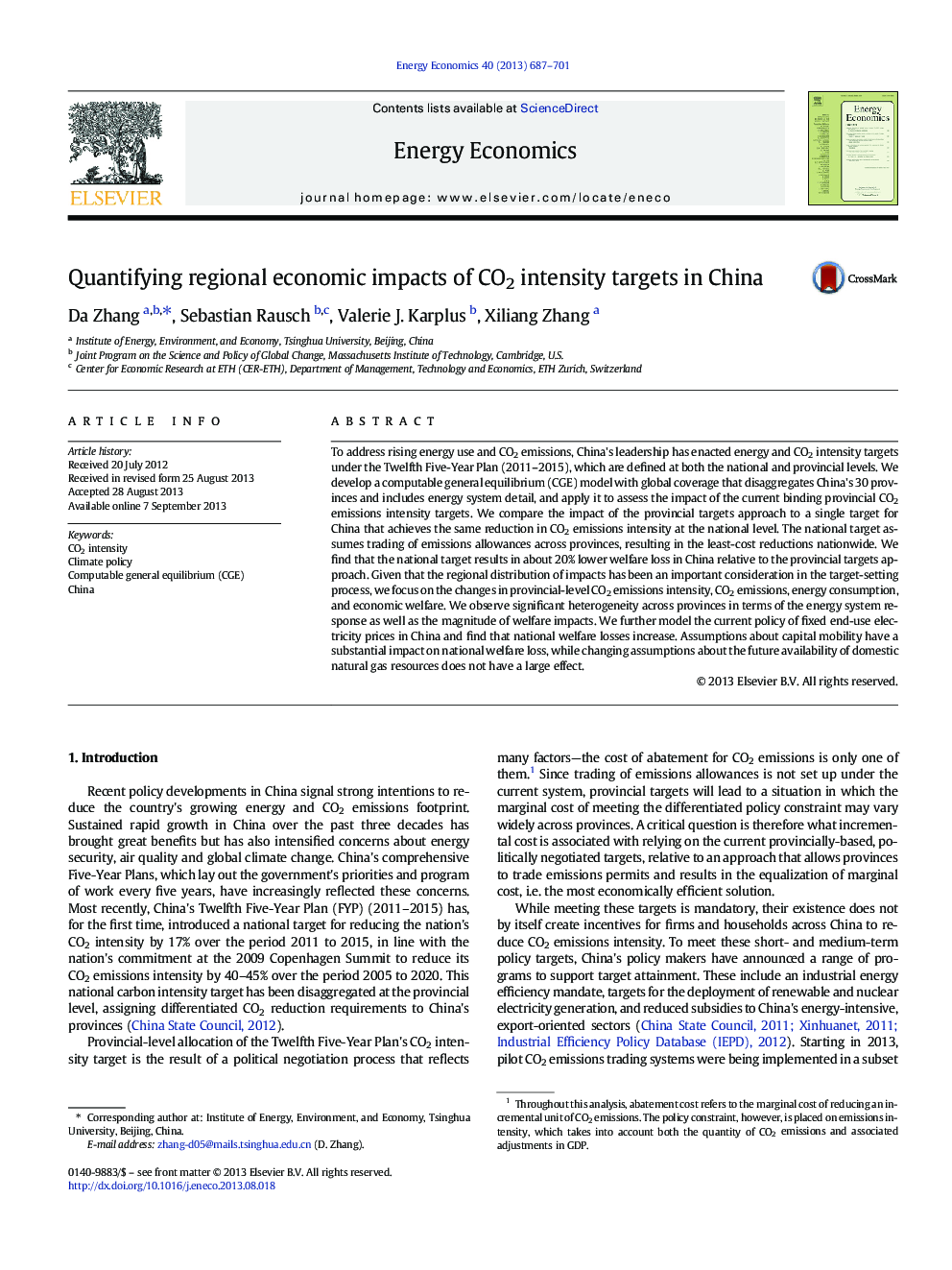 Quantifying regional economic impacts of CO2 intensity targets in China