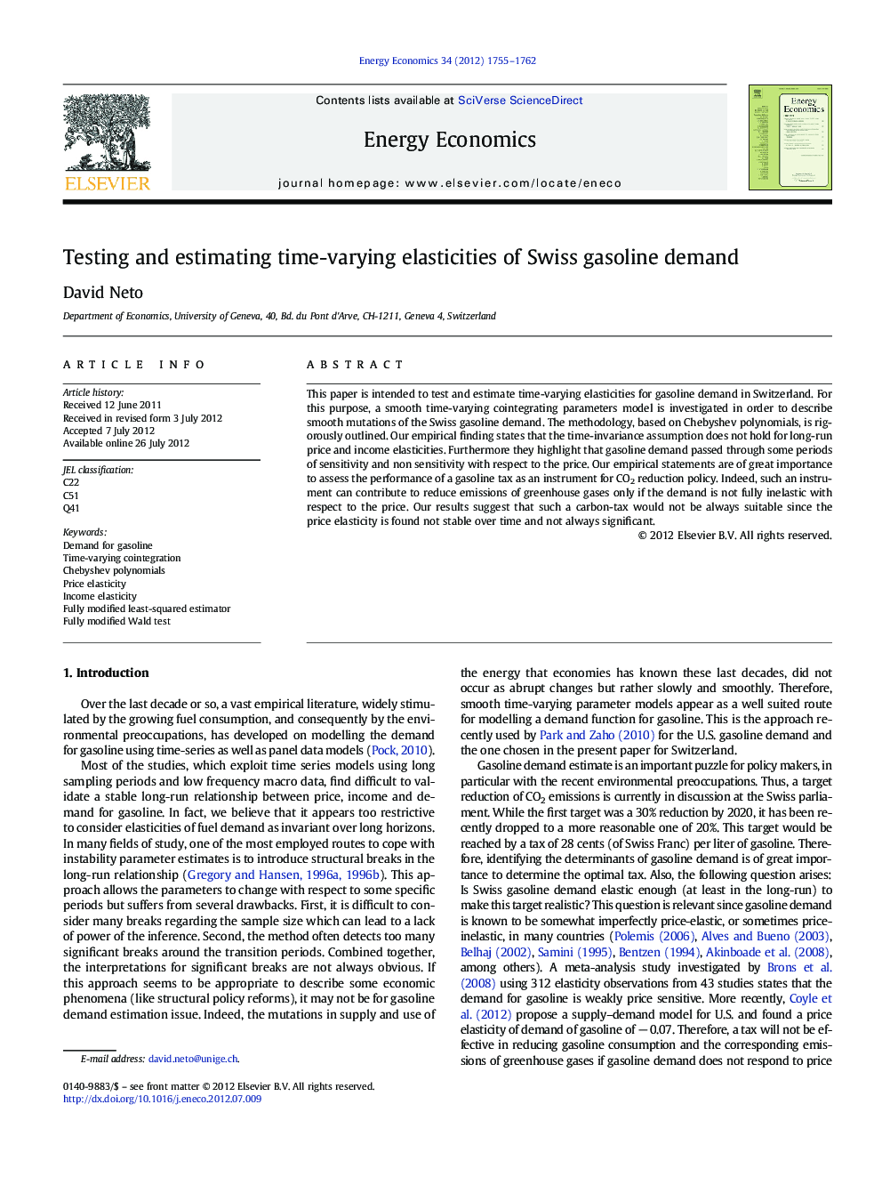 Testing and estimating time-varying elasticities of Swiss gasoline demand
