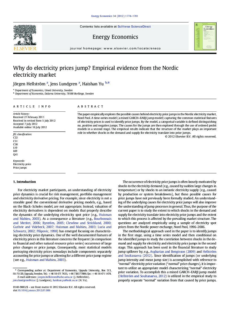 Why do electricity prices jump? Empirical evidence from the Nordic electricity market