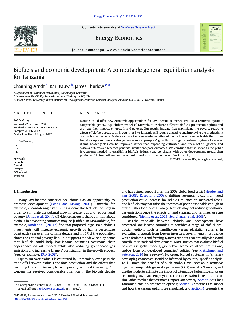 Biofuels and economic development: A computable general equilibrium analysis for Tanzania