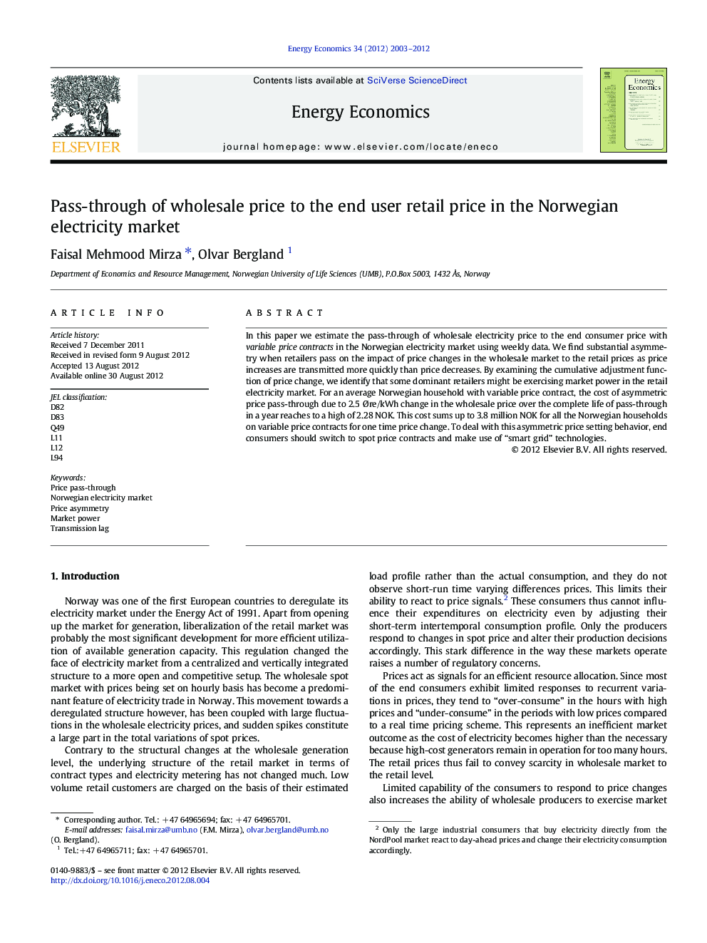 Pass-through of wholesale price to the end user retail price in the Norwegian electricity market