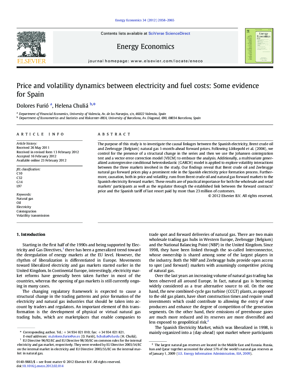 Price and volatility dynamics between electricity and fuel costs: Some evidence for Spain