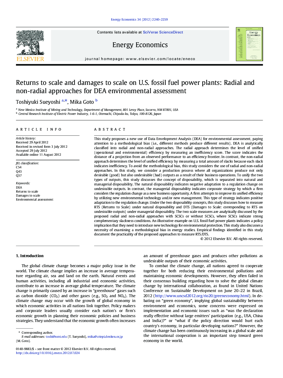 Returns to scale and damages to scale on U.S. fossil fuel power plants: Radial and non-radial approaches for DEA environmental assessment